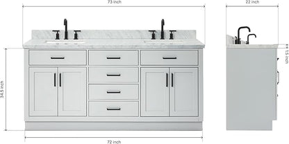 ARIEL Hepburn 72-inch Bathroom Vanity with Sink,Solid Wood, 1.5-inch Italian Carrara Marble Countertop, Double Rectangular Porcelain Sink, 4 Soft Closing Doors, 6 Dovetail Drawers, Grey
