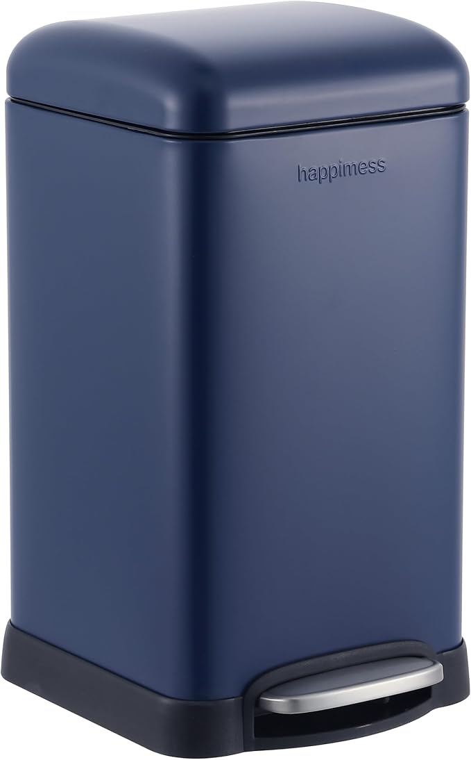 happimess Betty Retro Mini 3.2 Gal Step Trash Can, Denim Blue | Soft-Close Lid, Removable Liner, Iron, Hands-Free Pedal, Satin Finish, Non-Skid Base, Built-In Damper, Modern, Minimalistic