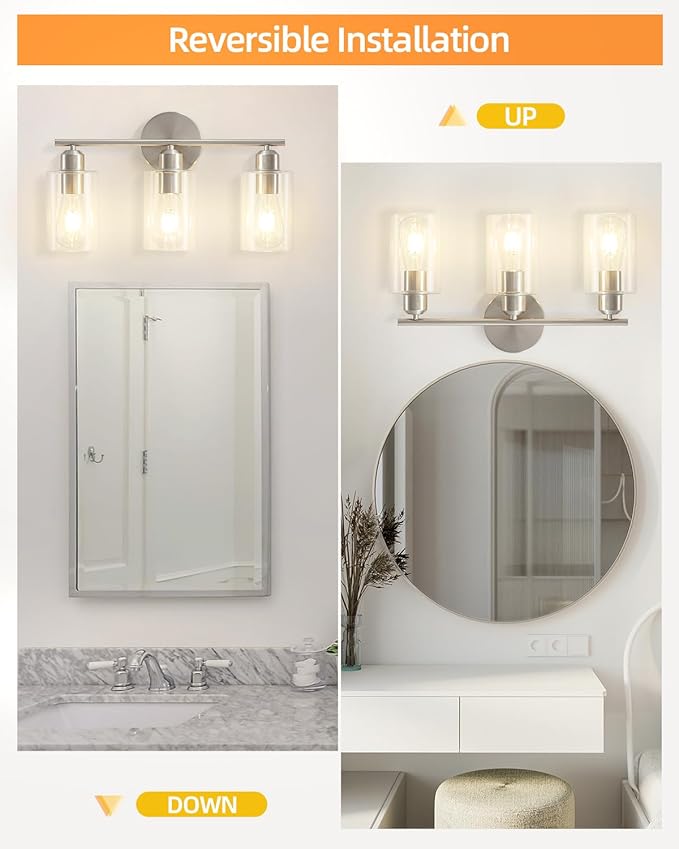 3-Light Bathroom Light Fixtures, Brushed Nickel Bathroom Vanity Lights, Bathroom Lighting Fixtures Over Mirror with Clear Glass Shade, Wall Sconce Light for Bedroom, Living Room and Hallway