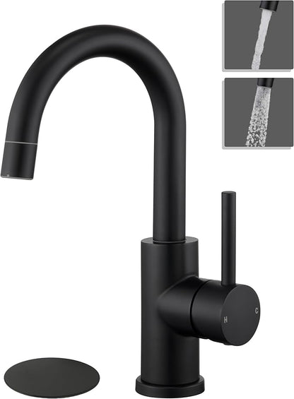 Tohlar Black Bathroom Sink Faucet, Single Hole Bathroom Faucet with Sprayer, RV Vanity Small Kitchen Faucet with 360° Rotation Spout, Matte Black Bar Sink Faucet with Pop Up Drain, 24” Supply Hoses