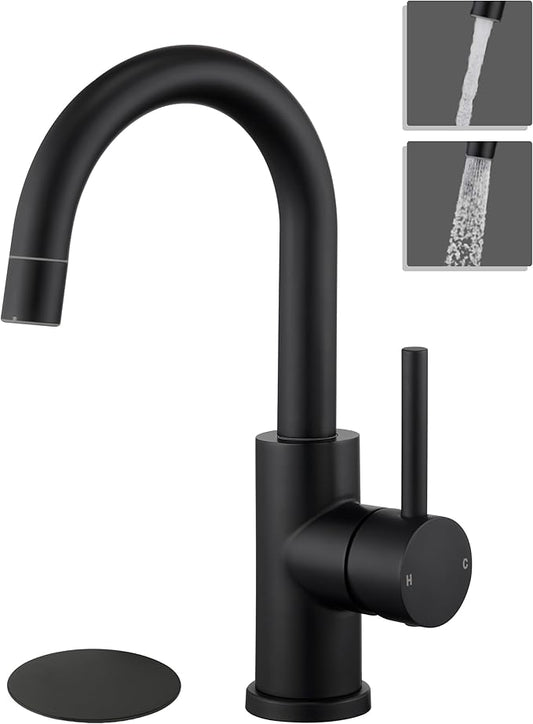 Tohlar Black Bathroom Sink Faucet, Single Hole Bathroom Faucet with Sprayer, RV Vanity Small Kitchen Faucet with 360° Rotation Spout, Matte Black Bar Sink Faucet with Pop Up Drain, 24” Supply Hoses