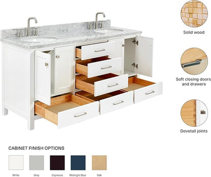 ARIEL Cambridge 66-inch Bathroom Vanity with Sink,Solid Wood, 1.5-inch Italian Carrara Marble Countertop & Backsplash, Double Oval Porcelain Sink, 4 Soft Closing Doors, 6 Dovetail Drawers, White