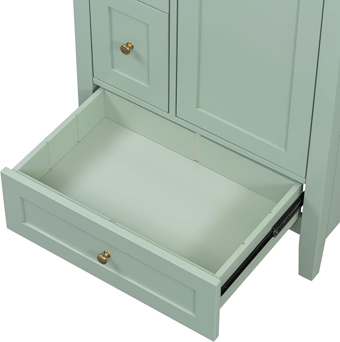 24" Bathroom Vanity with Ceramic Sink,Undermount Single Basin Bath Vanity Set w/3 Drawers and Adjustable Shelf,Modern Freestanding Storage Cabinet,MDF & Rubberwood,Green