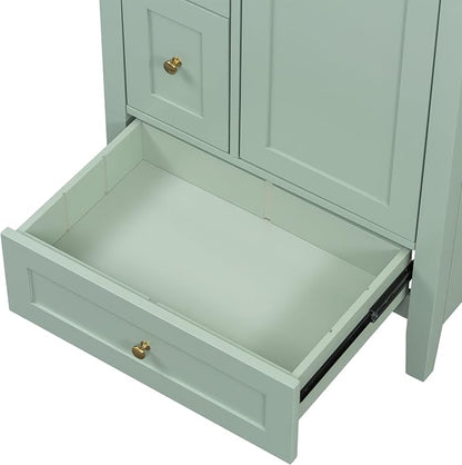 24" Bathroom Vanity with Ceramic Sink,Undermount Single Basin Bath Vanity Set w/3 Drawers and Adjustable Shelf,Modern Freestanding Storage Cabinet,MDF & Rubberwood,Green