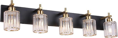 She's home 5-Light Vanity Lights for Bathroom: Black Gold Vanity Lights with Crystal Glass Shade, Modern Crystal Bathroom Light Fixtures Over Mirror, 34inch Black Gold Wall Sconce for Bath, E26 Base