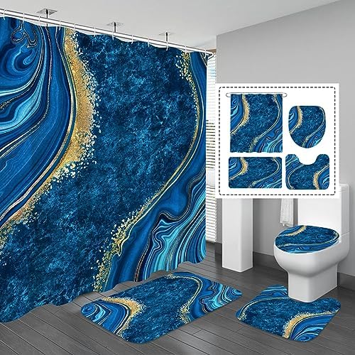 Gibelle 4 Pcs Luxury Marble Shower Curtain Set with Non-Slip Rugs, Toilet Lid Cover and Bath Mat, Gold Foil Blue Bathroom Decor Set with Shower Curtain and Rugs and Accessories