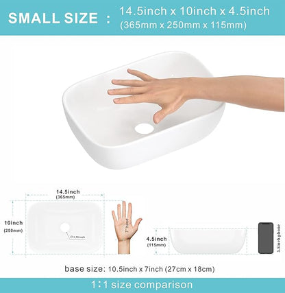 J-FAMILY 14.5'' x 10'' Bathroom Small Vessel Sink Above Counter White Porcelain Ceramic Sink Bowl Small Vanity Sink Lavatory Wash Basin