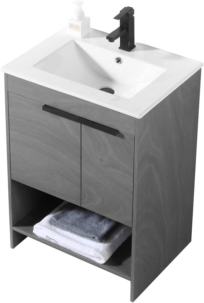 Phoenix 24 Inch Bathroom Vanity with Sink – Modern Design, Soft-Close Doors, Storage Drawers, Durable Build – Classic Grey Vanity for Small Bathrooms (Full Assembly Required)