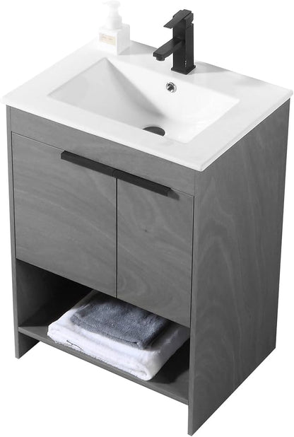 Phoenix 24 Inch Bathroom Vanity with Sink – Modern Design, Soft-Close Doors, Storage Drawers, Durable Build – Classic Grey Vanity for Small Bathrooms (Full Assembly Required)