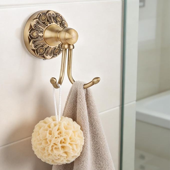 Wall Mounted Antique Brass Towel Hook Bathroom Hook for Clothing & Robe Hanger, Screws Install Shower, Vintage Gold Brass Petal-Relief Series Longhorn Double Hook