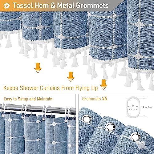 BTTN Stall Boho Farmhouse Linen Heavy Duty Shower Curtain Set, 36x72, Blue