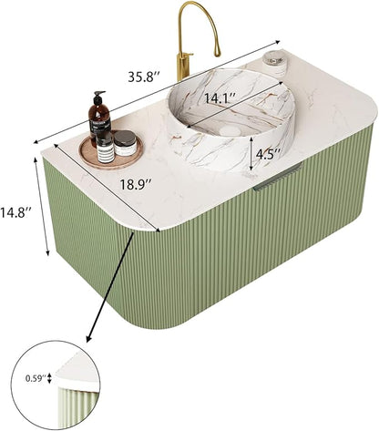 Yayzy 36" Floating Bathroom Vanity with Sink, Solid Wood Fluted Cabinet, White Marble-Patterned Ceramic Basin & Faux Marble Top, Soft-Close Drawer, Pre-Assembled, Light Green