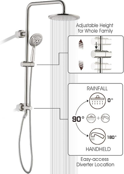 BRIGHT SHOWERS Rain Shower Heads System - 9 Inch Rainfall Shower Head and Handheld Shower Head with Height Adjustable Holder, Solid Brass Rail and 60" Long Stainless Steel Shower Hose, Brushed Nickel