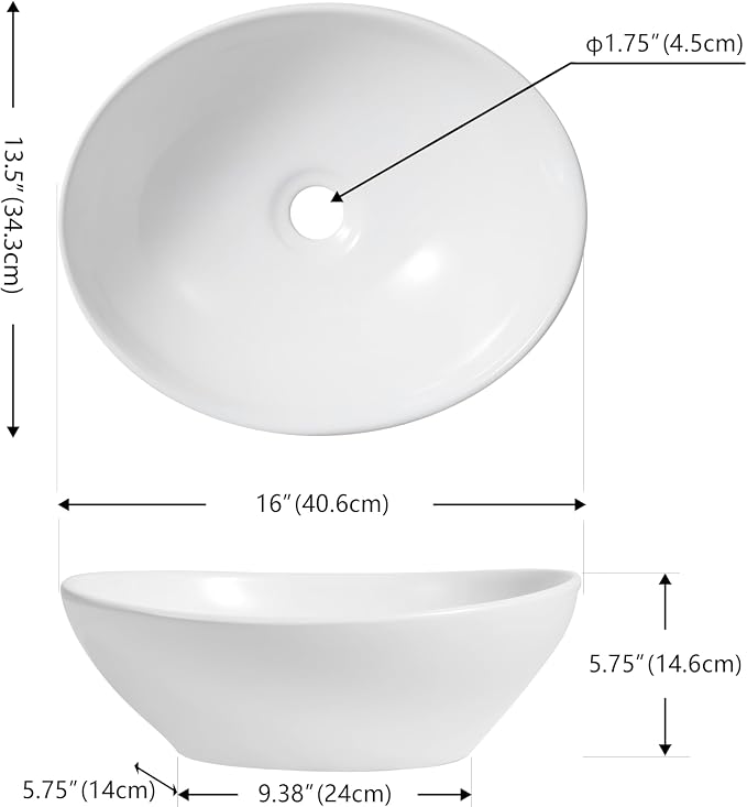 JONATHAN Y Cascade 16" x 13.5" Oval Ceramic Vessel Bathroom Sink, White | Above Counter Installation, Glossy Finish, Modern Minimalist Style, 5.75" Height, 1.75" Drain Hole