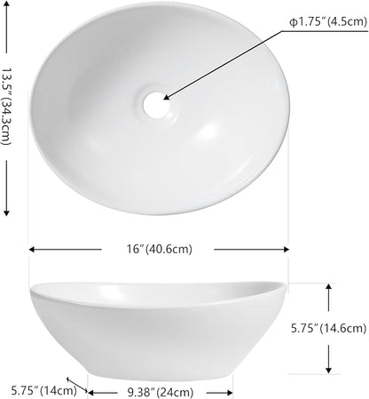 JONATHAN Y Cascade 16" x 13.5" Oval Ceramic Vessel Bathroom Sink, White | Above Counter Installation, Glossy Finish, Modern Minimalist Style, 5.75" Height, 1.75" Drain Hole