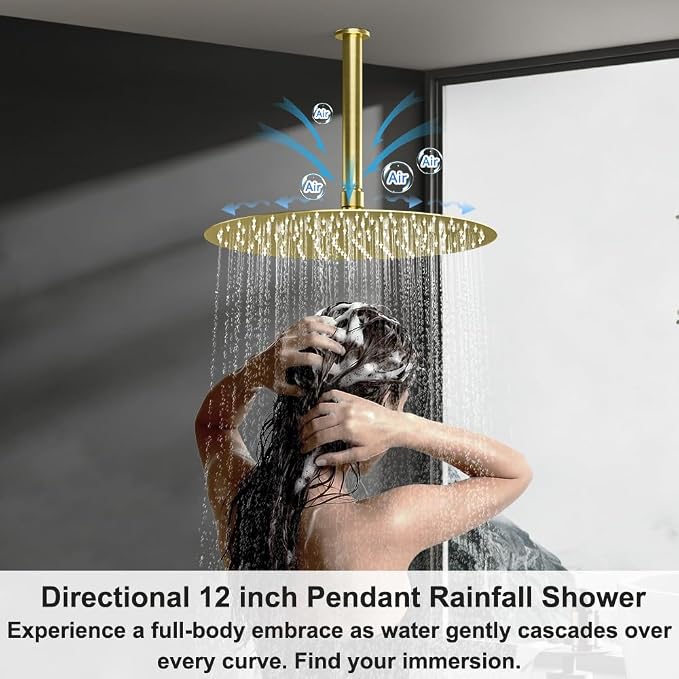 Shower Systems Round Shower Faucet Set, 12+6" Dual Rainfall Shower head with 2 in 1 Handheld Spray, Ceiling Mount Push Button Shower Set with Valve and Trim Kit Brushed Gold,Can Use All at Once