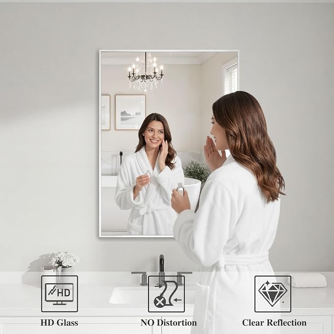 Koonmi White Rectangle Wall Mirror, 20x30 Inch Bathroom Mirror, Aluminum Frame Vanity Mirror for Entryway, Living Room, Bedroom Bathroom, Hangs Horizontally or Vertically