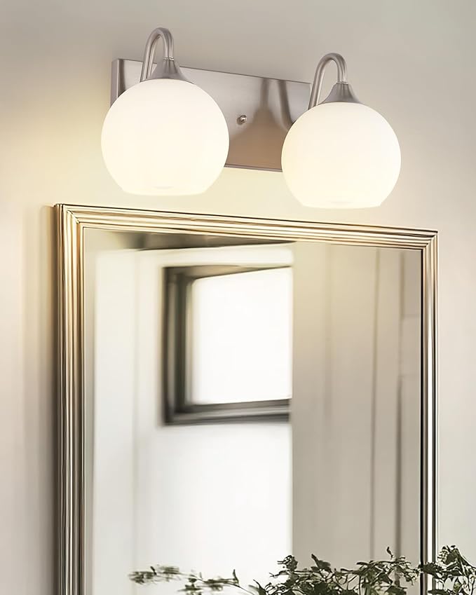 Emak Globe Bathroom Light Fixtures, Brushed Nickel Vanity Lights with Milk Glass Shade, Modern 2-Light Bathroom Vanity Lights Over Mirror, VL118-BN-ML-2