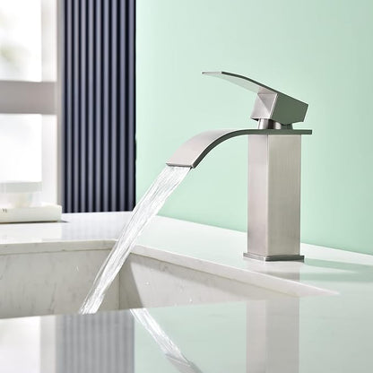 Waterfall Single Hole Bathroom Faucet, Single Handle Bathroom Sink Faucet Brushed Nickel with Pop Up Drain Assembly and Deck Plate for Sink 3 Hole Installation JXM122BN