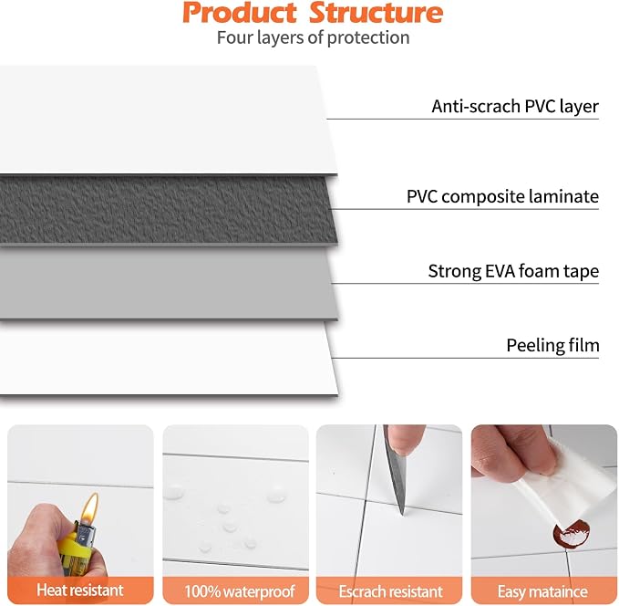 80-Piece Pure White Thick PVC Peel and Stick Backsplash, 2" x 8" Waterproof Subway Tile Peel and Stick Wall Tiles for Kitchen and Bathroom