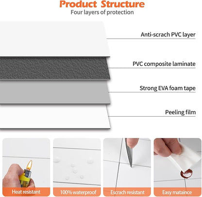 80-Piece Pure White Thick PVC Peel and Stick Backsplash, 2" x 8" Waterproof Subway Tile Peel and Stick Wall Tiles for Kitchen and Bathroom