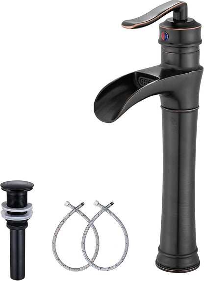 Oil Rubbed Bronze Bathroom Vessel Faucet GGStudy Single Handle One Hole Waterfall Farmhouse Bathroom Vessel Sink Faucet Matching with Pop Up Drain