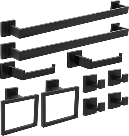 FAHKNS 10 PCS Bathroom Hardware Accessories Set 23.6 Inch Stainless Steel Bath Towel Bar Set Square Towel Ring Set for Bathroom Wall Mounted, Black