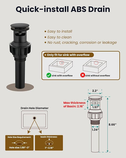 gotonovo Widespread 8 inch 3 Hole Bathroom Sink Faucet Matte Black | 2 Cross Handle Bathroom Faucet,SUS304,360° Swivel Spout,24’’ cUPC Hose,Pop Up Drain,6-16’’ Vanity,Sink,Lavatory,Basin,RV
