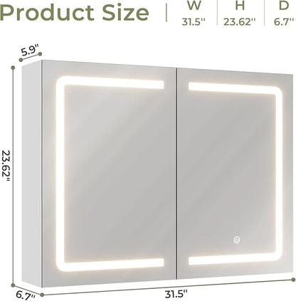 DICTAC Medicine Cabinet with Mirrors and Storage 31.5''x23.6'' Wall Mounted Bathroom Mirror Cabinets with Led Lights Double Doors Mirror Lighted Medicine Cabinets with Adjustable Storage Shelf,White