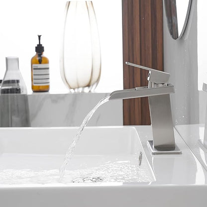 BWE Waterfall Bathroom Faucet Brushed Nickel with Pop Up Drain Stopper Assembly and Supply Line Single Handle for Sink One Hole Faucets Vanity Lavatory Mixer Tap
