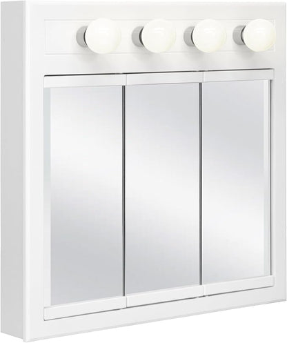 Design House Concord Medicine Cabinet, 3 Mirrored Doors, Pre-Assembled, Surface Mount, 4 Lights, White Wood Frame Wall Cabinet, 30 in W x 5 in D x 30 in H, 532382-WHT