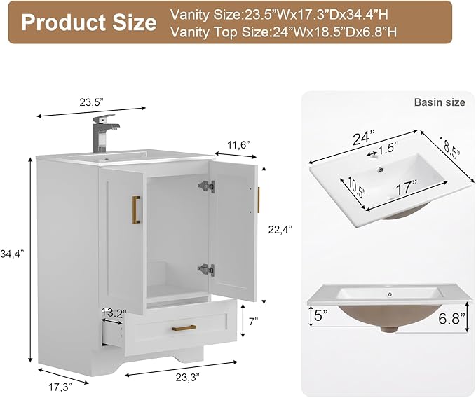 24 inch Bathroom Vanity with Sink, Modern White Vanity for Bathroom with Undermount Ceramic Sink, Freestanding 2-Door & 1-Drawer Storage Cabinet, for Small Bathroom Space, (White, 24")