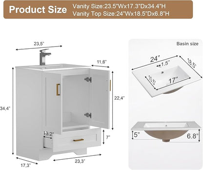 24 inch Bathroom Vanity with Sink, Modern White Vanity for Bathroom with Undermount Ceramic Sink, Freestanding 2-Door & 1-Drawer Storage Cabinet, for Small Bathroom Space, (White, 24")