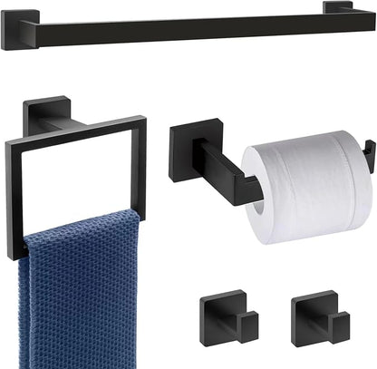 Dorudon Atrox 5-Piece Bathroom Hardware Set - Black Towel Bar Set with 2 Towel Hooks, Stainless Steel Wall Mounted Bathroom Towel Rack - Square, 16-Inch