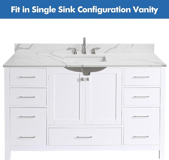 60 in.W x 22 in.D Quartz Calacatta River Vanity Top,with Undermount Middle Sink Vanity Top,with Two Sidesplash & One Backsplash,8 Inch Faucet Hole Spread Bathroom Vanity Sink Countertop