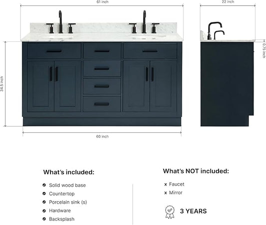ARIEL Hepburn 60-inch Bathroom Vanity with Sink,Solid Wood, 0.75-inch Italian Carrara Marble Countertop, Double Oval Porcelain Sink, 4 Soft Closing Doors, 6 Dovetail Drawers, Midnight Blue