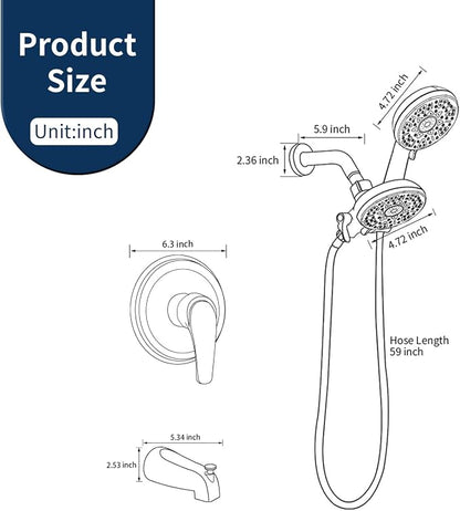 Tub and Shower Faucet Set Complete Dual Shower Head and Handheld 2 in 1 Combo Set Shower System with Tub Spout Tub and Shower Trim Kit Brushed Nickel