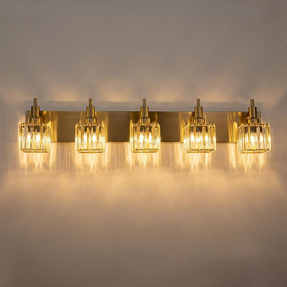 Gold Bathroom Vanity Lights, 5 Lights Crystal Bathroom Lighting Fixtures Over Mirror Modern Gold Crystal Wall Light