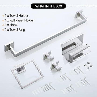 Bathroom Towel Bar Set Toilet Paper Holder with Shelf, Polished Chrome Bathroom Accessories Set, 23.6 Inch Towel Bar Towel Ring Towel Hook 5-Piece Bathroom Hardware Set