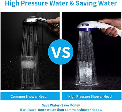 RV & Camper High Pressure Handheld Shower Head with Pause Button | 3 Spray Modes with ON/OFF Switch, Detachable Dog Shower Attachment, Pet Shower Wand with Bracket & Hose, White & Blue