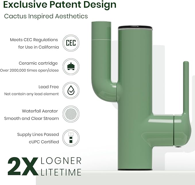 Bathroom Faucets, Cactus Design, Single-Hole with Water-Powered Temperature Changing 3 Color Lights, 360° Rotatable Spout and 2 Flow Modes, Bath Sink Faucet with Supply Hoses, Green
