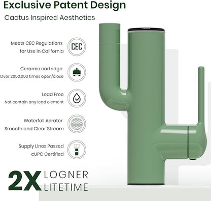 Bathroom Faucets, Cactus Design, Single-Hole with Water-Powered Temperature Changing 3 Color Lights, 360° Rotatable Spout and 2 Flow Modes, Bath Sink Faucet with Supply Hoses, Green