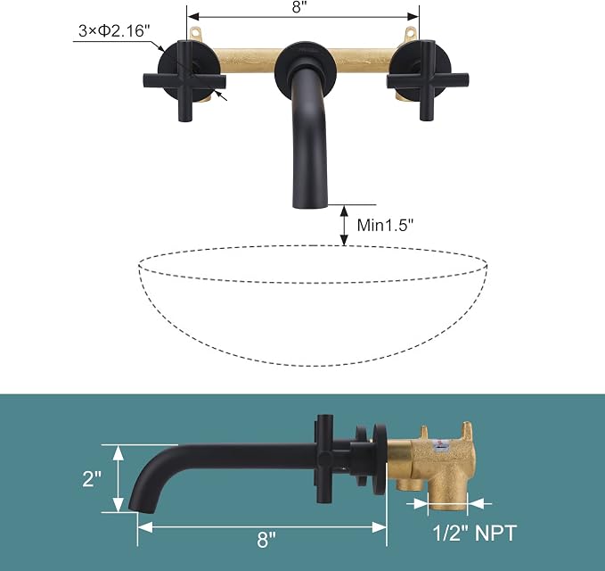 ARCORA Wall Mount Bathroom Faucet, Matte Black Bathroom Sink Faucet, 2 Handle Wall Mount Vessel Sink Faucet Rough in Brass Valve Included