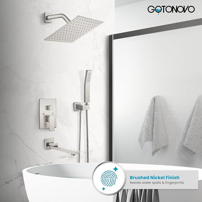gotonovo Tub Shower Faucet Set with Valve Kit 8’’ Head,Brushed Nickel | Shower System with Tub Spout,SUS304 Rain Head with Handheld Sprayer,Swivel Spout,All Metal,Rough-In Valve Trim Kit,Wall Mount