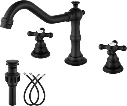 gotonovo Bathroom Faucet 3 Hole Vintage, Matte Black, Hot Cold Label | Widespread Bathroom Sink Faucet 8 Inch 2 Cross Handles,Pop Up Drain,cUPC Supply Line,4-15.7” Install,for Vanity Farmhouse RV