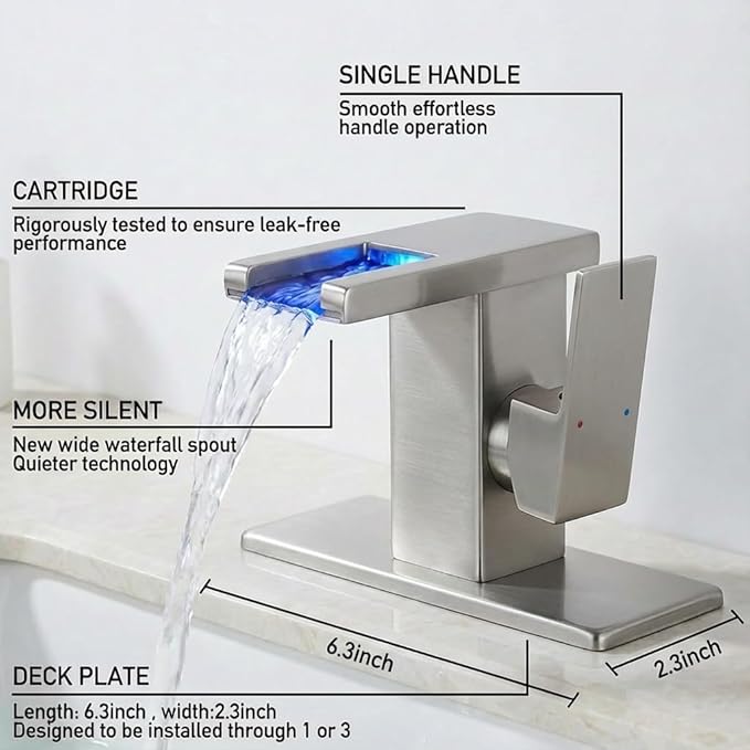 LED Bathroom Sink Faucet, Brushed Nickel Waterfall Single Hole Handle Vanity Faucets for Sinks 1 Hole with Metal Pop Up Drain and 2 Water Supply Lines, Side Handle