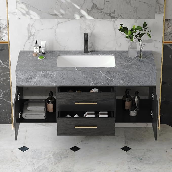 Bathroom Vanity with Sink 39.5" Floating Bathroom Vanity Sintered Stone Modern Bathroom Vanity Set, Black (Wall Mounted, Gold Handle)