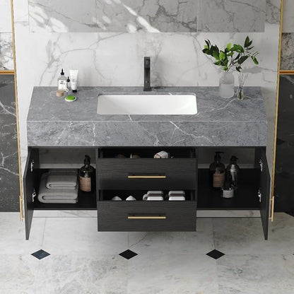 Bathroom Vanity with Sink 39.5" Floating Bathroom Vanity Sintered Stone Modern Bathroom Vanity Set, Black (Wall Mounted, Gold Handle)