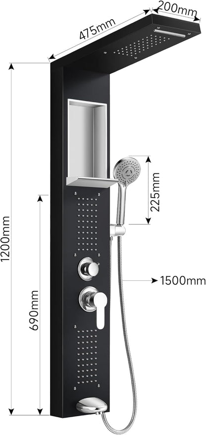 Shower Panel System, Multi-Function Shower Tower With 4 Body Spray, 5 Handheld Settings, Shelf & Adjustable Height, Rainfall + Waterfall Shower Head, Rain Massage Spa System