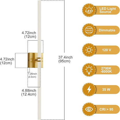 Gold Bathroom Light Fixture LED Vanity Light 37.4" 5CCT Wall Sconce | LED Dimmable Wall Light Modern 360° Lighting, 35W Hardwired Vanity Light for Bathroom Mirror, Flicker-Free Easy Install